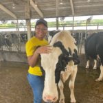 female student standing with dairy cow